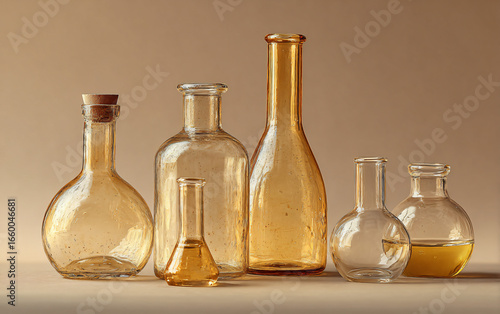 Collection of crystal bottles and flasks for laboratory use displayed on a neutral background