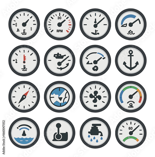 Nautical instrument panel with various maritime gauge icons in circular frames