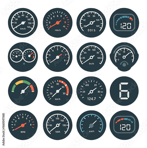 Digital and analog car speedometers and gauges set for vehicle dashboard display