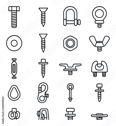 Various industrial fasteners and hardware icons on gray background