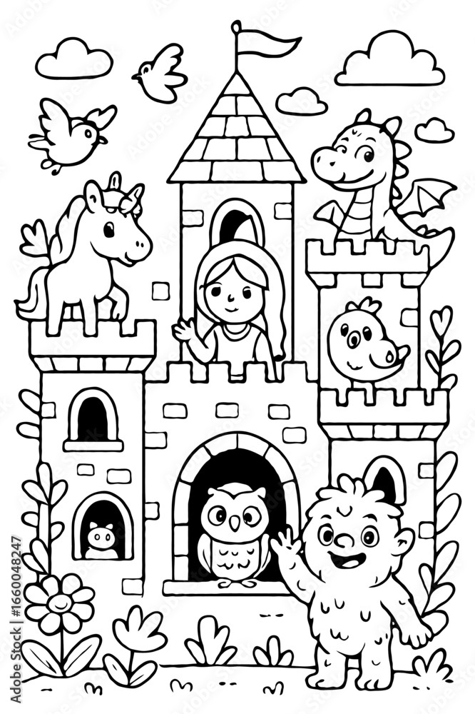 Fototapeta premium An adorable fairytale castle with a princess, magical unicorn, friendly dragon, and other fantasy creatures coloring page.