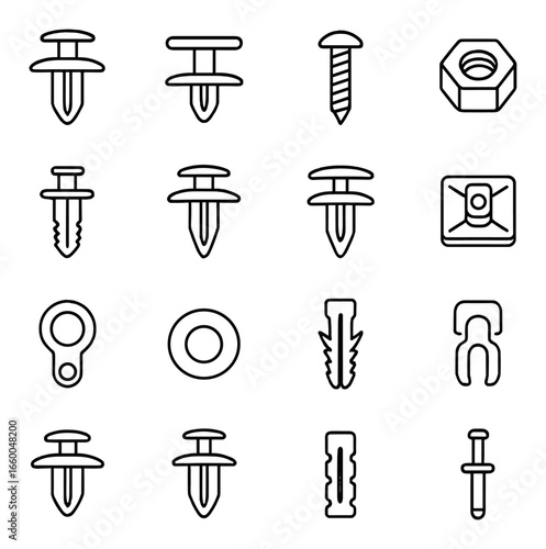 Collection of fastener icons for industrial and hardware use