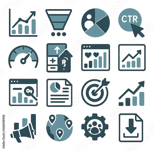 Digital marketing icons: charts, analytics, strategy, and conversion tools