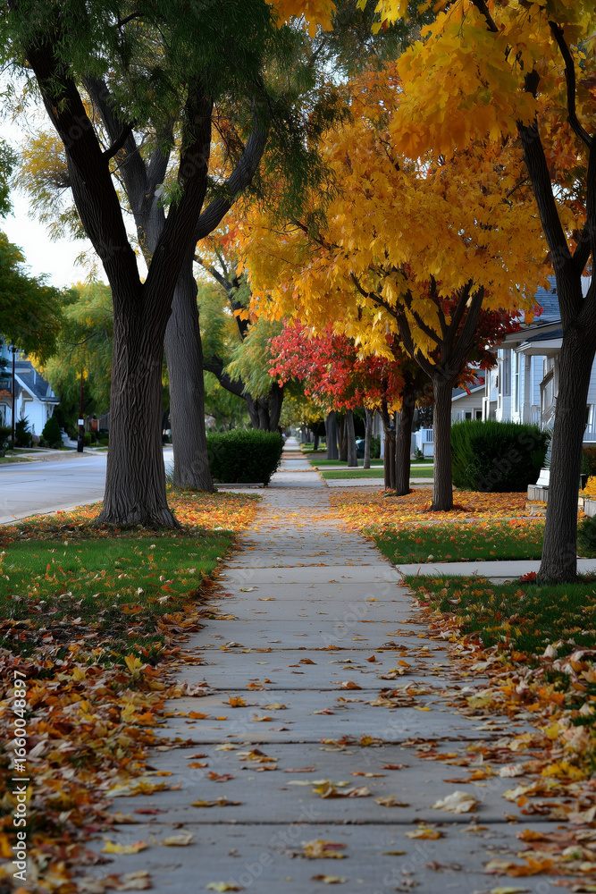 Naklejka premium Autumn Leaves Lining a Quiet Suburban Street with Vibrant Seasonal Colors