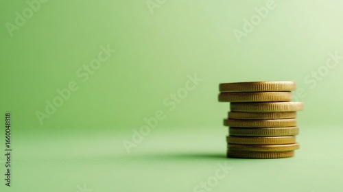 Stack of Golden Coins Piled High on a Light Green Textured Surface Financial Wealth Abundance Concept in Soft Studio Lighting