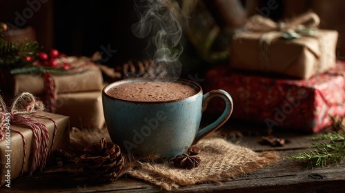 Wallpaper Mural Steaming cup of cocoa surrounded by tiny wrapped presents, cozy holiday still life. Torontodigital.ca