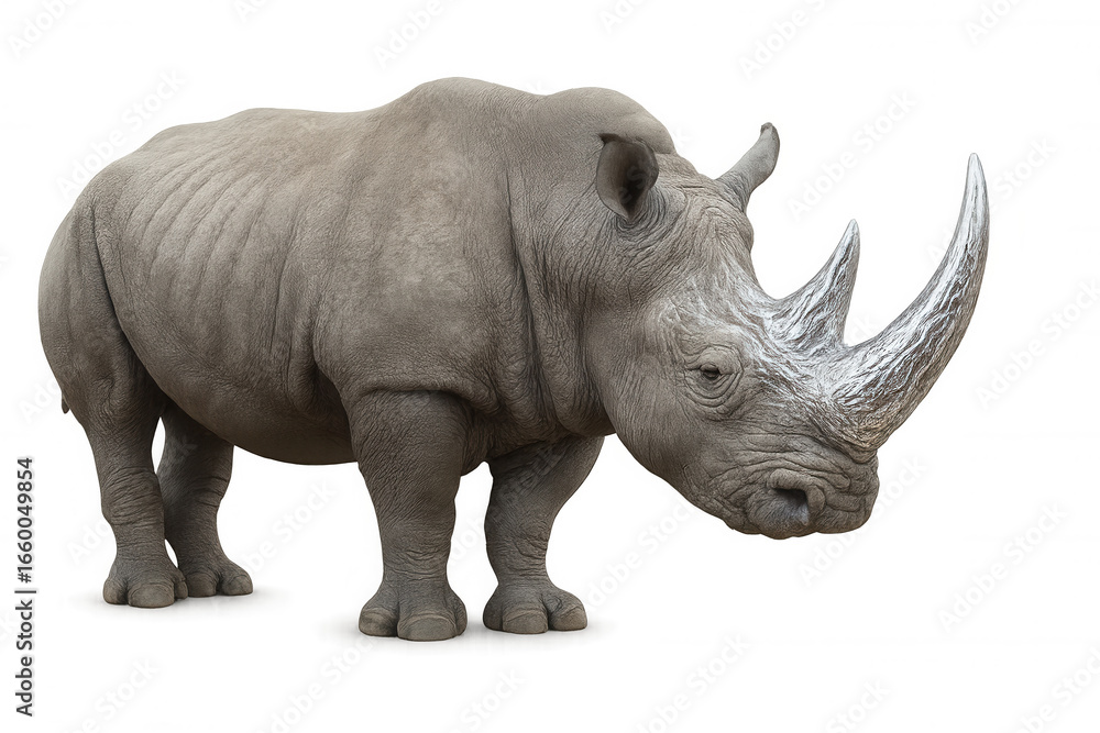 Fototapeta premium Powerful white rhinoceros standing, showcasing its impressive horn and thick skin, isolated on a transparent background