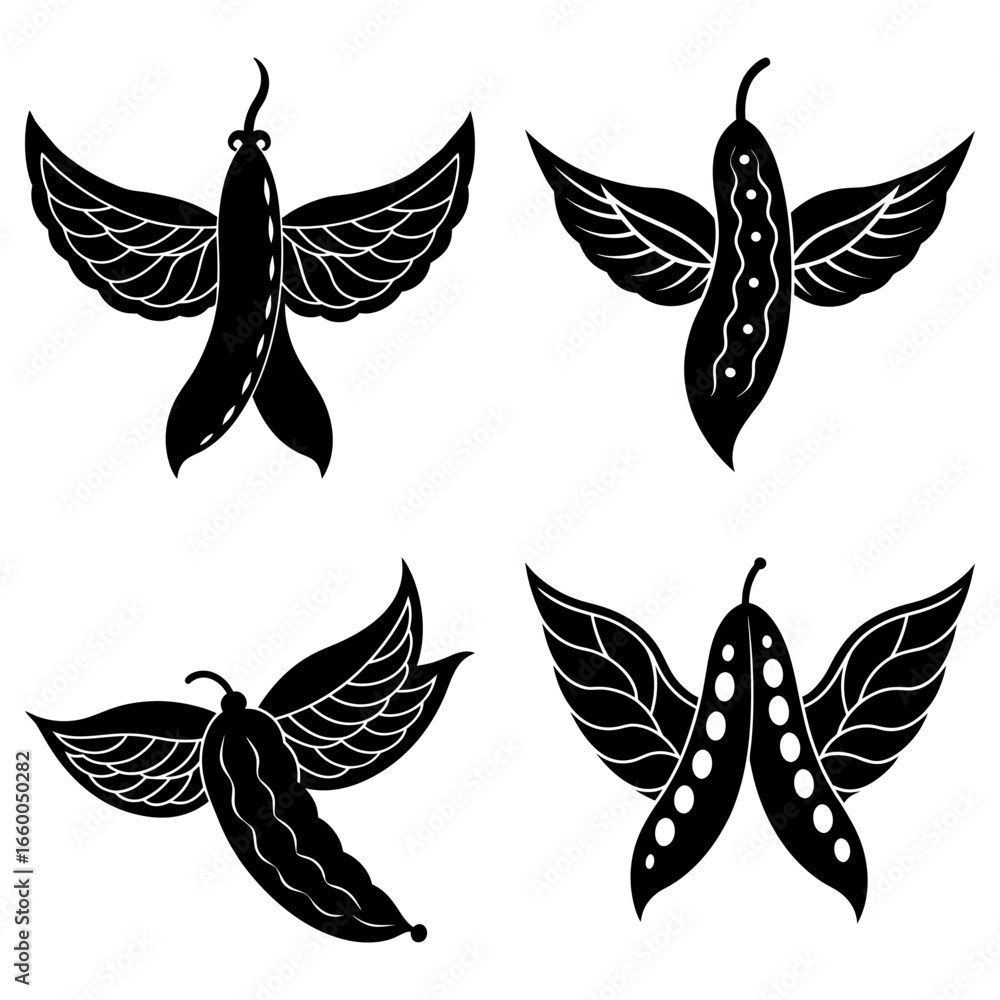 Fototapeta premium Four stylized black and white pea pods with leaf wings in a symmetrical arrangement on white background