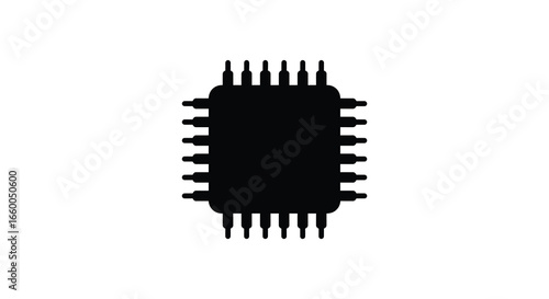 Black silhouette of an integrated circuit or microchip on a white background