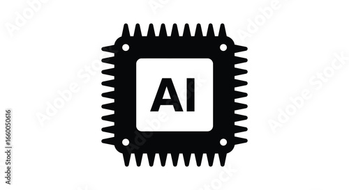 Black and white illustration of a microchip with AI text in the center
