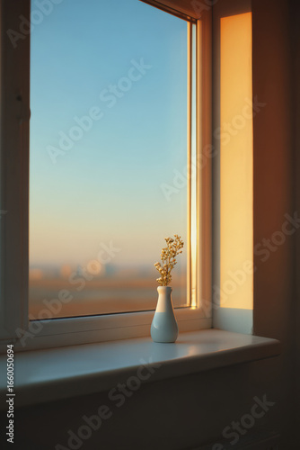 window bathed in soft sunset light casting warm hues across pristine background