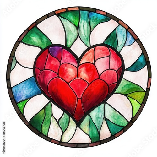 Watercolor Stained Glass Heart Design Red Heart in Circular Green and Blue Frame