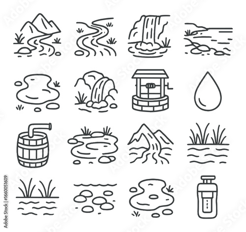 Water-themed line art icons collection featuring rivers, wells, and waterfalls