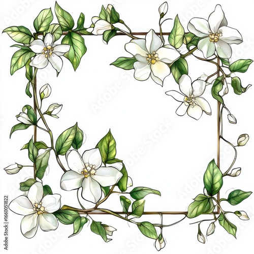 White Flowers and Green Leaves Square Frame Botanical Illustration