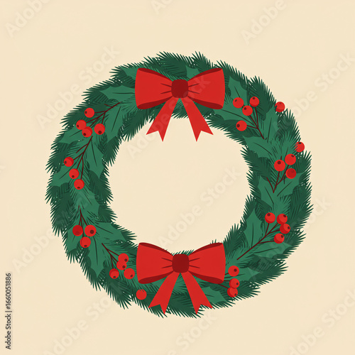 A festive Christmas wreath illustration with a red bow and holly berries