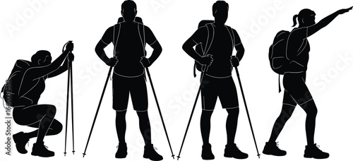 Silhouette group of hikers with backpacks and trekking poles in various poses exploring nature, adventure travel, outdoor activity, mountain expedition scene