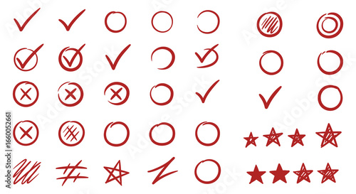 Red hand drawn check marks and ratings symbols on white background