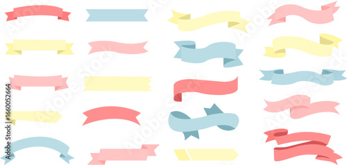 Colorful pastel ribbon banner vector set in pink, blue, and yellow. Ideal for cute designs, party invitations, scrapbooking, and playful graphicc