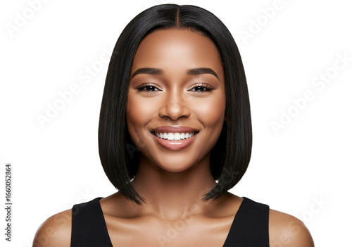 Smiling Woman with Sleek Bob Hairstyle and Natural Makeup Isolated on White Background