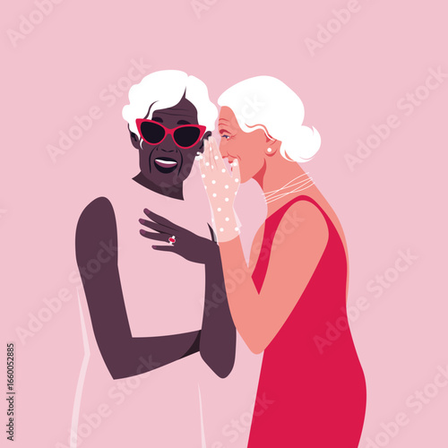 Two elderly women are gossiping. A grandmother whispers rumors in the ear of a shocked friend. At the party. Vector flat illustration
