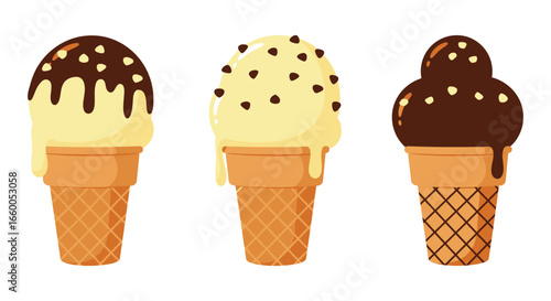 Three colorful ice cream cones with different toppings and flavors