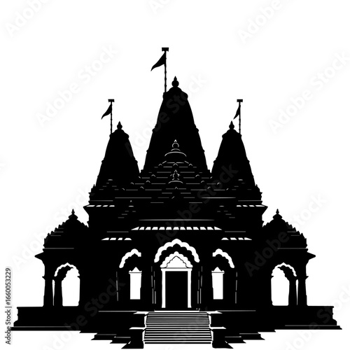 Black and white vector illustration of hindu temple architecture silhouette design graphic image