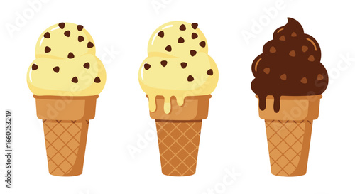 Three ice cream cones with chocolate chips and different flavors