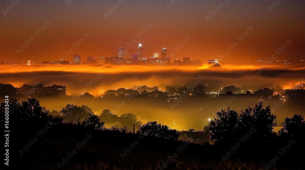 Fototapeta premium Golden Hues Illuminate City Skyline Through Dense Fog at Dusk Showcasing the Urban Landscape with Distant Illuminated Buildings and Silhouetted Trees