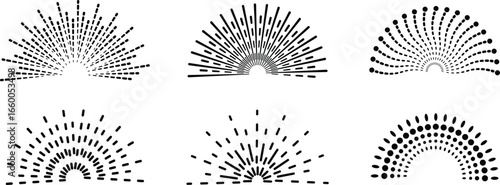 Six Black Abstract Sunburst Rays And Radial Patterns On White Background vector illustration