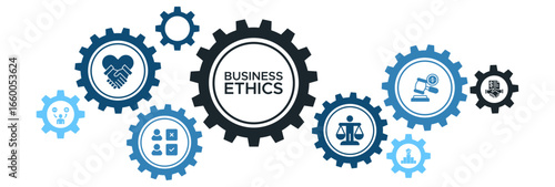 Corporate Ethics and Compliance Banner Icons: Attitude, Relationships, Reliability, Moral Choices, Business Law, and Contractual Agreements
