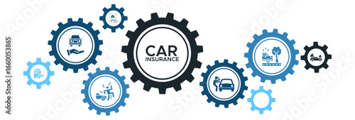 Car Insurance Policy Banner Vector Concept Featuring Icons for Accidents, Theft, Claims, Car Fires, and Comprehensive Coverage