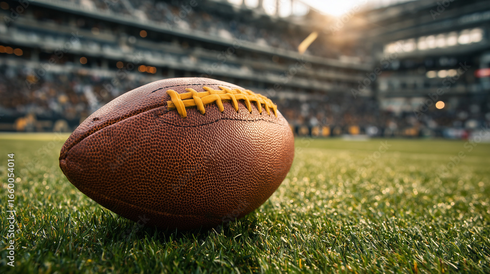 Obraz premium American football ball on the grass of a stadium