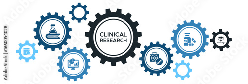 Clinical Research and Medical Study Banner Icons: Analysis, Evidence Collection, Study Effectiveness, Medication Trials, and Health Outcomes
