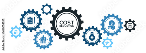Effective Cost Reduction Strategies Banner with Salary, Tax, Advertising, and Inventory Management Icons