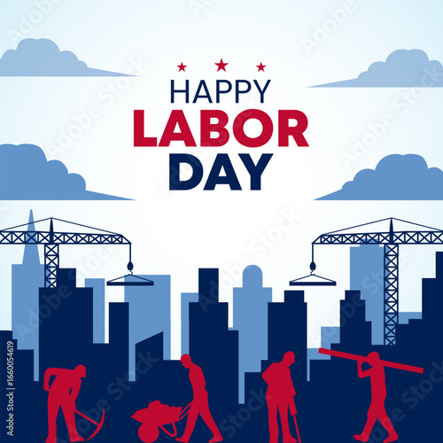Labor Day design with working laborers and buildings
