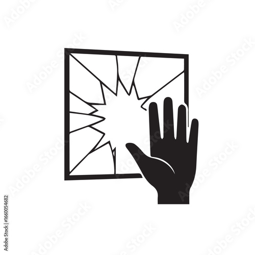 Black and white icon illustrating a hand pushing against or through a pane of glass, causing it to shatter and crack, symbolizing impact, danger, or destruction.