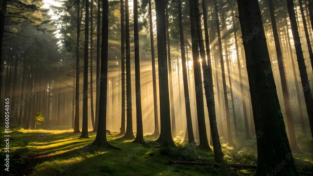 Obraz premium Sunlight filters through tall trees creating dramatic shadows in a dense forest