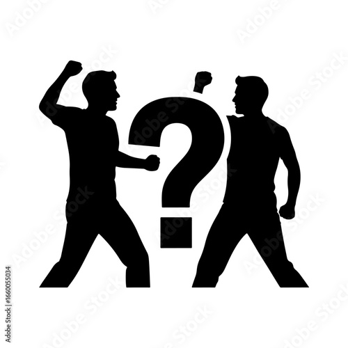 Conflict resolution strategy concept with question mark and silhouette of fighting men image design vector