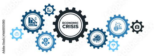 Global Economic Crisis Management Banner with Market Crash, Inflation, and Recession Icons