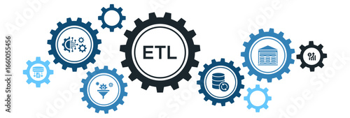 Extract, Transform, Load (ETL) Data Processing Icon Concept Featuring Staging, Warehousing, and Analytics Tools