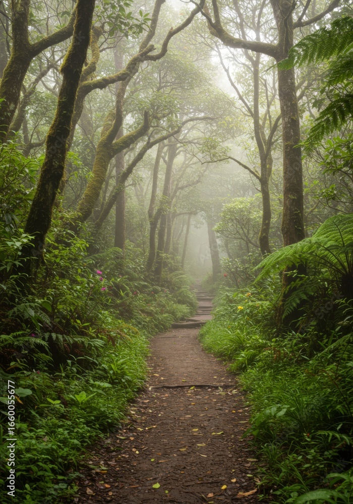 Fototapeta premium Misty Forest Path: A Tranquil Walk Through Lush Greenery