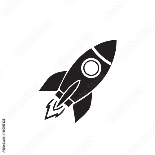 Sleek black rocket icon taking off, representing business launch, innovation, success, and the exciting journey into new ventures and future possibilities.