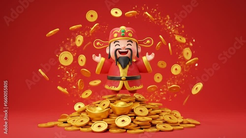 Cartoon Character Celebrating Fortune and Wealth with Gold Coins and Treasure in Red Background