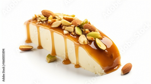 Slice of cheesecake with nuts topping