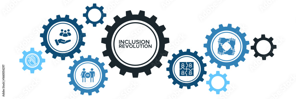 Fototapeta premium Inclusion Revolution Banner Vector Concept Featuring Icons for Social Integration, Equal Opportunities, and Unified Community