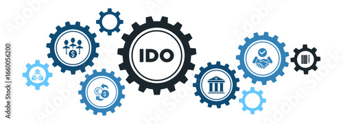 Initial DEX Offering (IDO) Crowdfunding Banner with Decentralized Exchange and Blockchain Icons