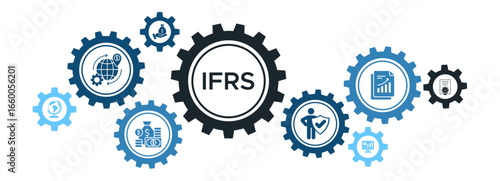 IFRS (International Financial Reporting Standards) Banner Vector Concept Featuring Icons for Global Finance, Reporting, Documents, and Money Management