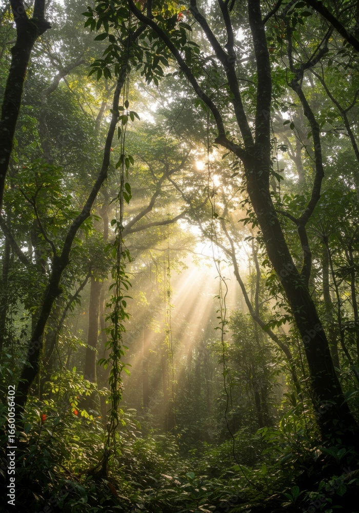 Obraz premium Sunbeams Illuminate Lush Green Forest