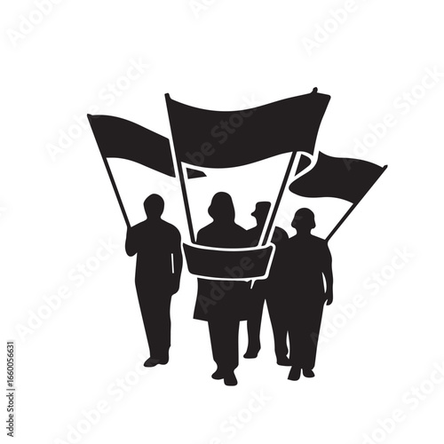 Silhouette of a Group of People Marching with Flags, Representing a Protest or Demonstration