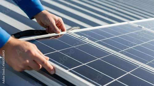 Technician's hands meticulously installing photovoltaic solar panels on a corrugated metal roof for sustainable, clean energy generation.